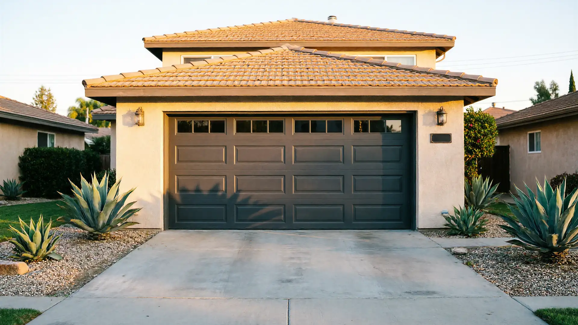 The house has a dark gray garage door with windows and a tan tiled roof.