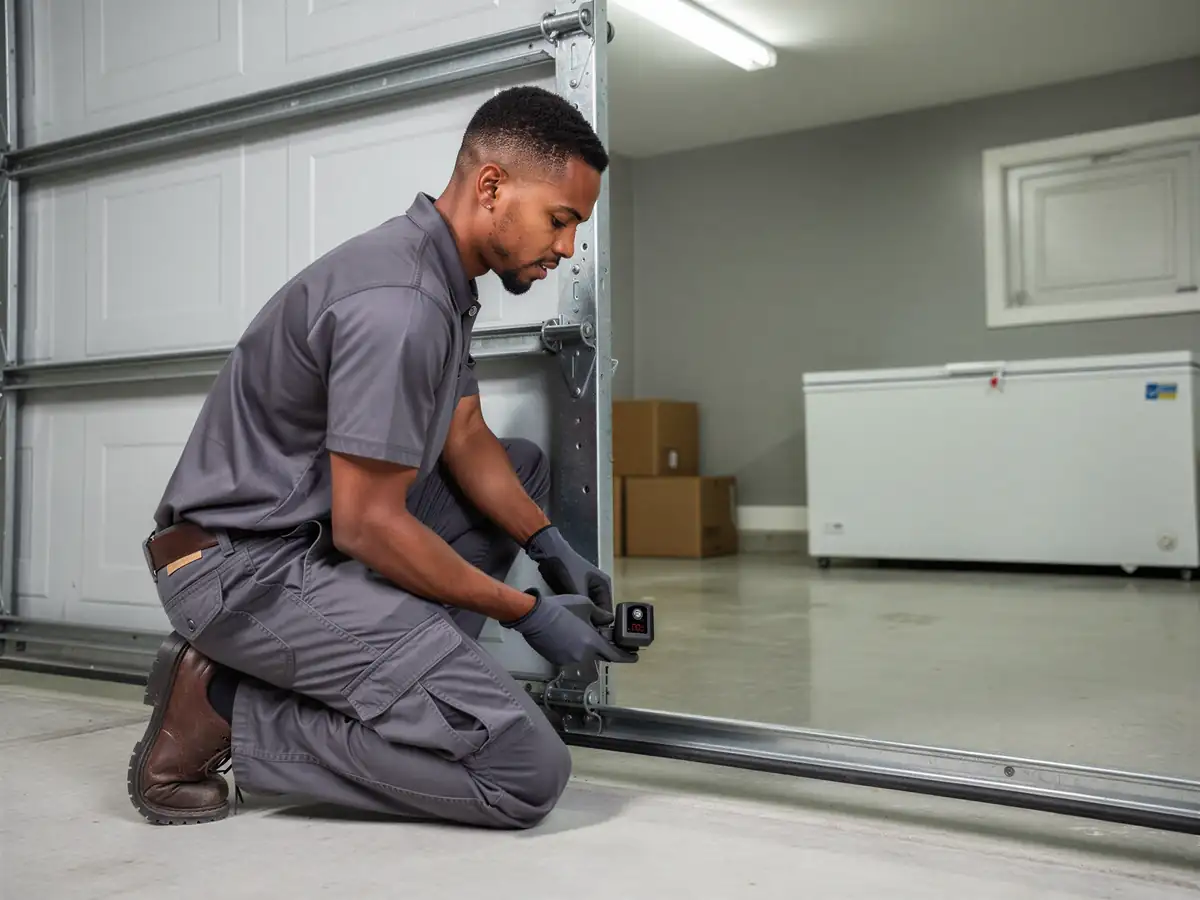 A technician kneels, adjusting a garage door sensor near the bottom of the door.