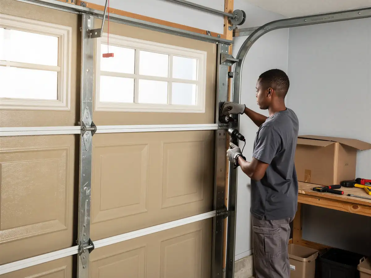 A technician works on a tan garage door with windows and metal tracks.