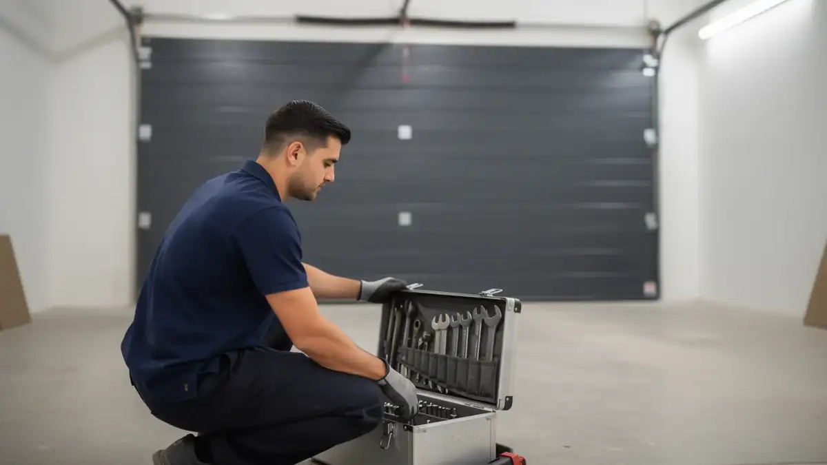A technician kneels, opening a toolbox in front of a gray garage door.